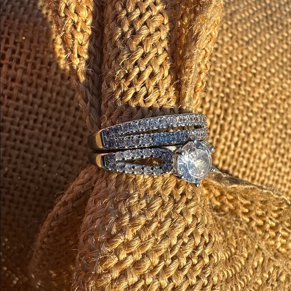 Wedding Engagement Elegant Silver Sparkle Pave Ring w Band Set Size 7 - Picture 11 of 11